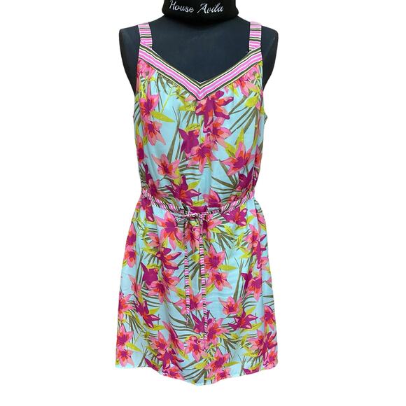 Merona Summer Dress Size Large Pink Green Floral Tropical Vacation Resort Wear - Picture 1 of 7